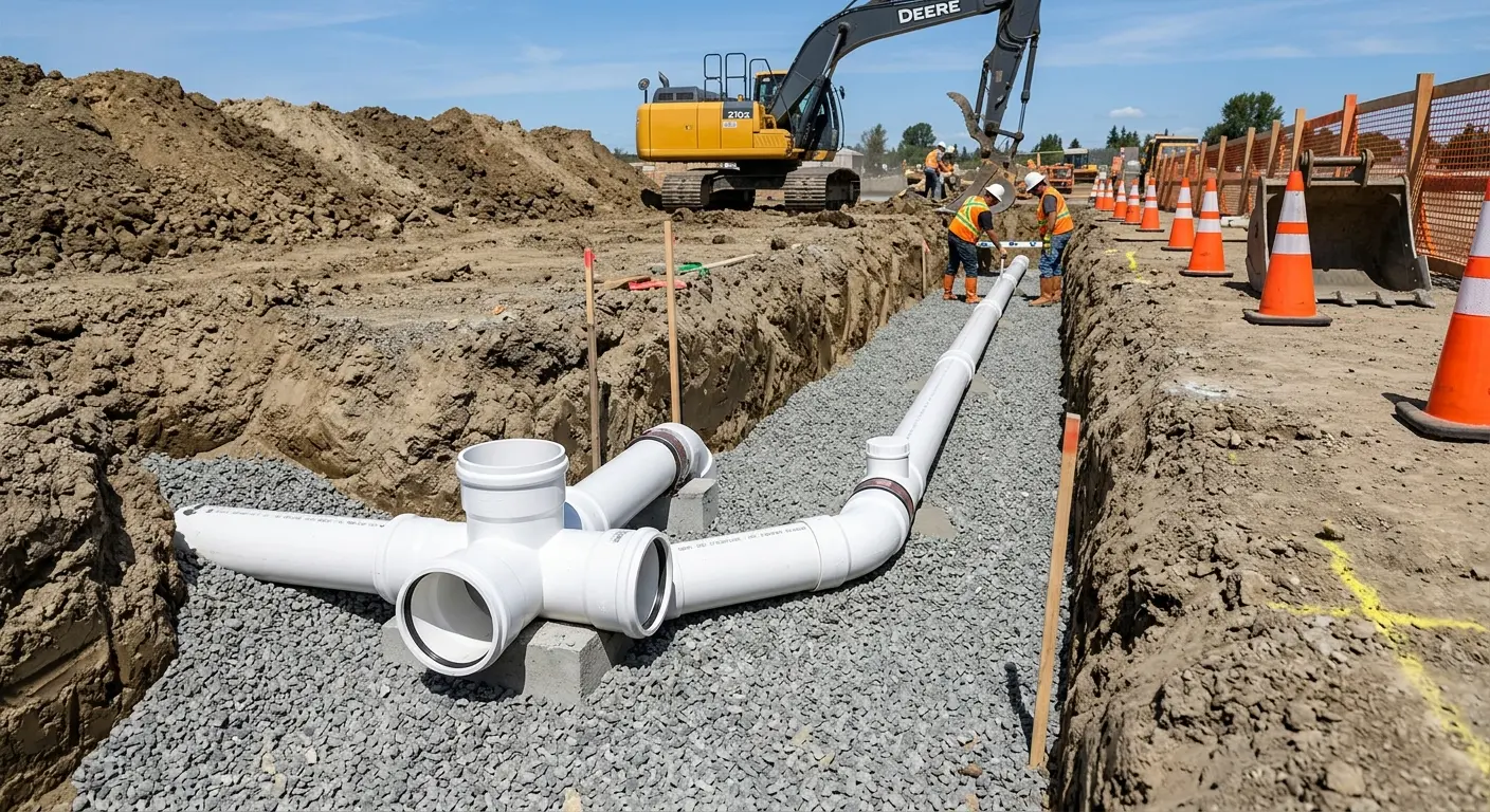 New PVC sewer pipe installation in open trench for Grease Trap Cleaning in East Stroudsburg