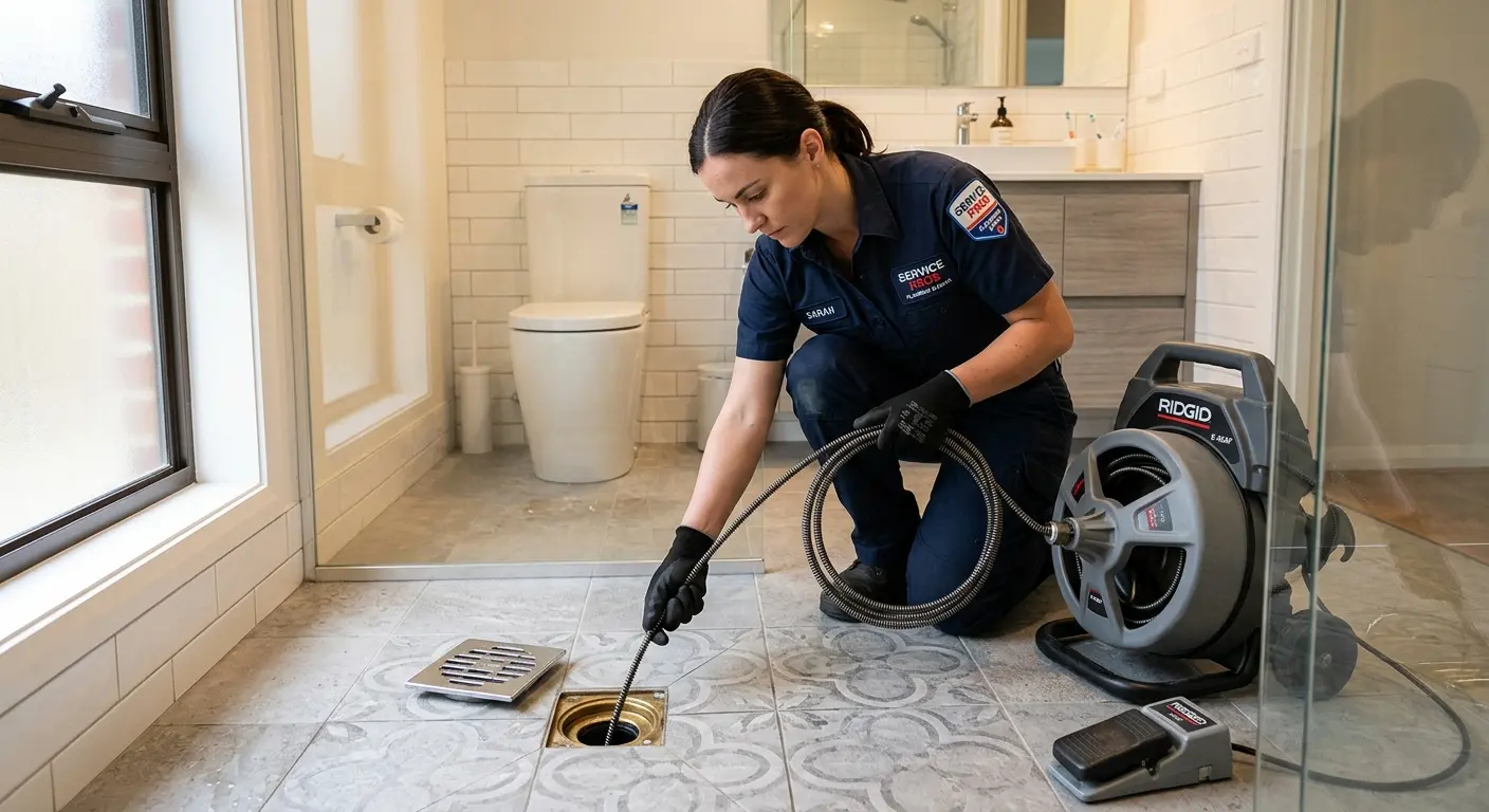 Technician clearing a bathroom floor drain for Sewer Line Installation in East Stroudsburg